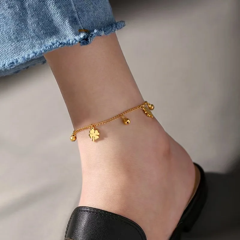 LUXUKISSKIDS New Clover Tassel Anklets Gold Color Stainless Steel Heart Star Charms Leg Bracelets For Woman/Girls Double Layered