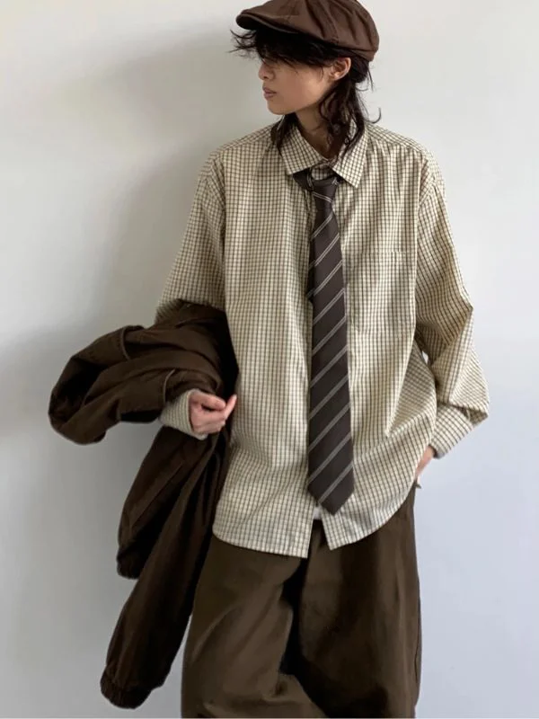 

ex Long Sve Casual irt Vintage Thin Plaid Loose Fit College Sle Polyester Fiber Resistant to Ironing Procing