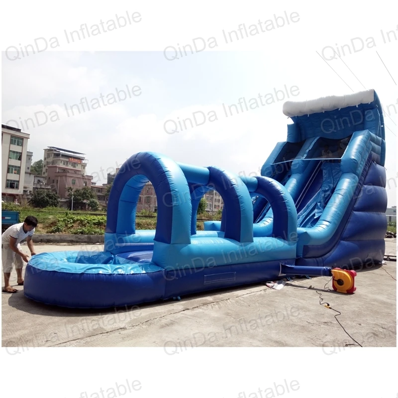 Super Long Colorful Inflatable Water Slide Summer Plays , 18Oz Pvc Inflatable Kids Water Slide With Pool