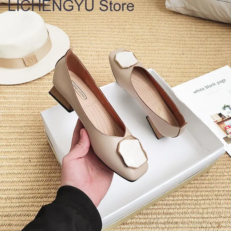 

New Flats Summer Shoes Women Low Heels Ballet Square Toe Shallow Buckle Metal Shoes Slip on Female Loafers