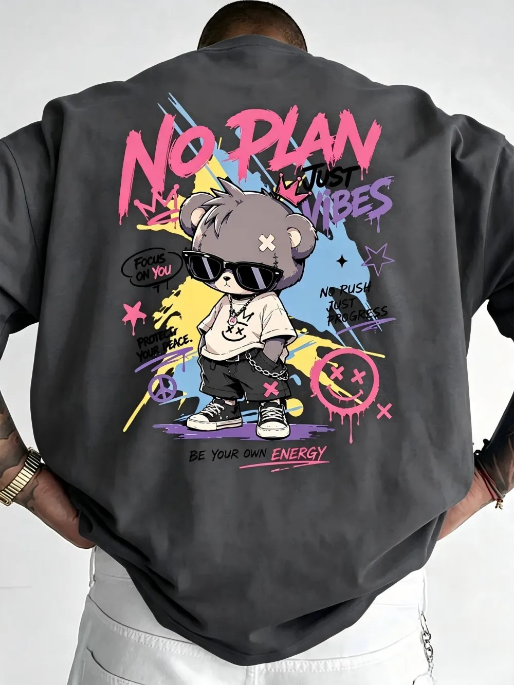 American men's summer new teddy bear letter graffiti print micro elastic breathable round neck T-shirt outdoor street top