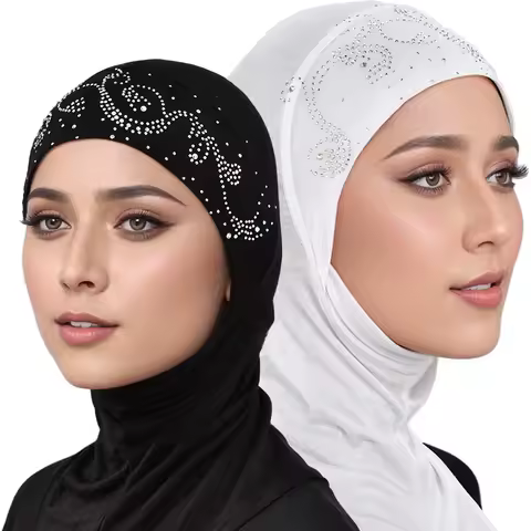 Shimmer Rhinestone Hijabs Full Neck Coverage Muslim Underscarf Women Scarf Turban Lady Cap Islamic Hat Unique Diamond Design Cap