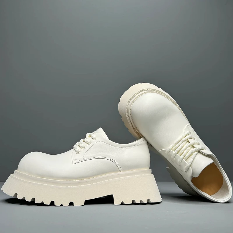 European/American Street Fashion White Derby Shoes for Men's 7cm Genuine Leather Hand Sewn Casual Thick Platform Increased Shoes