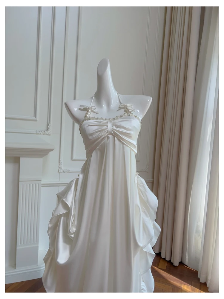 Ele White Asimmetrico Pearl Strapl Dr con finiture in pizzo Holiday Dr Casual Date Dr Gonna a trapezio a vita alta