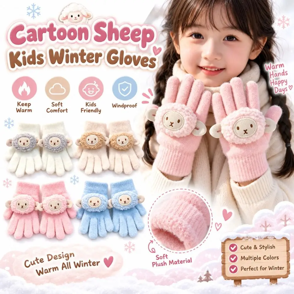 Cartoon Anti Cold Gloves Soft Knit Fabric Lamb Applique Kids Winter Gloves Full Finger Structure Cartoon Sheep Gloves