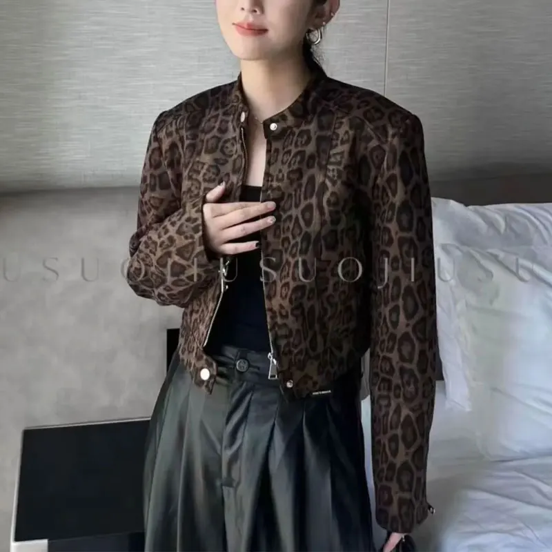 

Fashionable Vintage Leopard Printed Coats Women's Clothing American Loose Autumn Stand Collar Casual Zipper Button Short Jackets