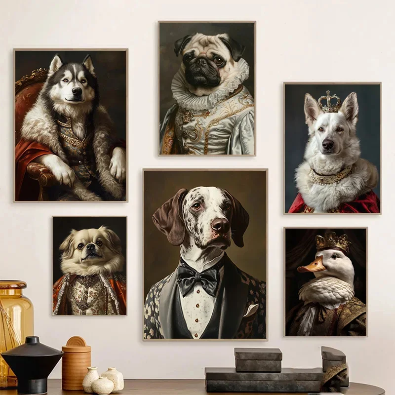 Funny Aristocratic Renaissance Animal Quirky Humour Dog Pug Art Poster Canvas Painting Wall Prints Picture for Room Home Decor