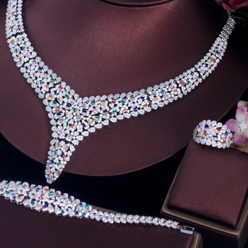 CWWZircons Luxury Chunky Multi Color Cubic Zirconia Pave Women Wedding Party Bridal  Jewelry Sets Dubai 4pcs Accessories T751