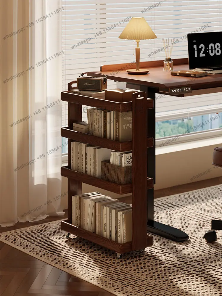 Solid wood bookshelf Floor-to-ceiling movable trolley Simple multi-layer storage display stand