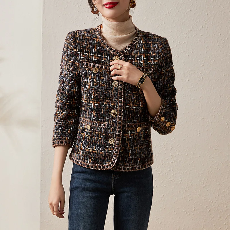 ZJYT-chaquetas de lana de Tweed a cuadros para mujer, abrigos de manga larga, prendas de vestir exteriores Vintage de un solo pecho para oficina,