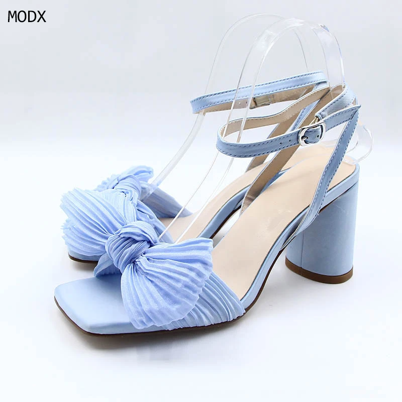

Новые женские босоножки 2026 года с ремешком на щиколотке, плиссированным бантом, на толстом высоком каблуке, летние, для вечеринок и свадеб, элегантные, размер 43