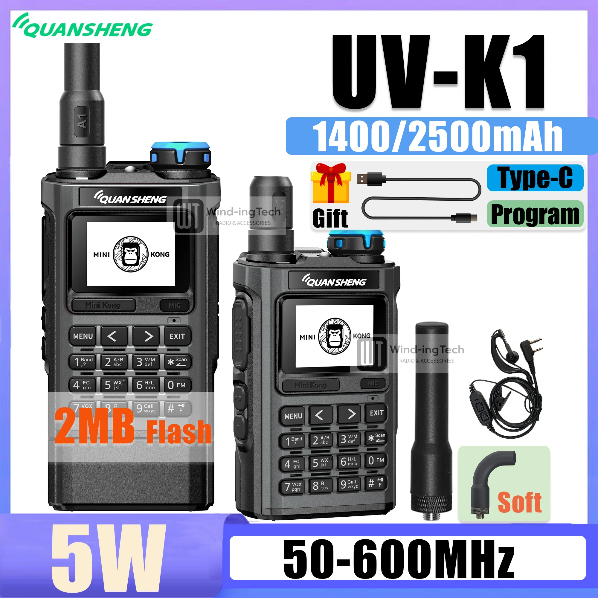 Quansheng UV-K1 Walkie Talkie Mini Kong 2MB Memory 1400/2500mAh AM/FM VHF/UHF Multi-Band Type-C Program NOAA Ham Two Way Radio