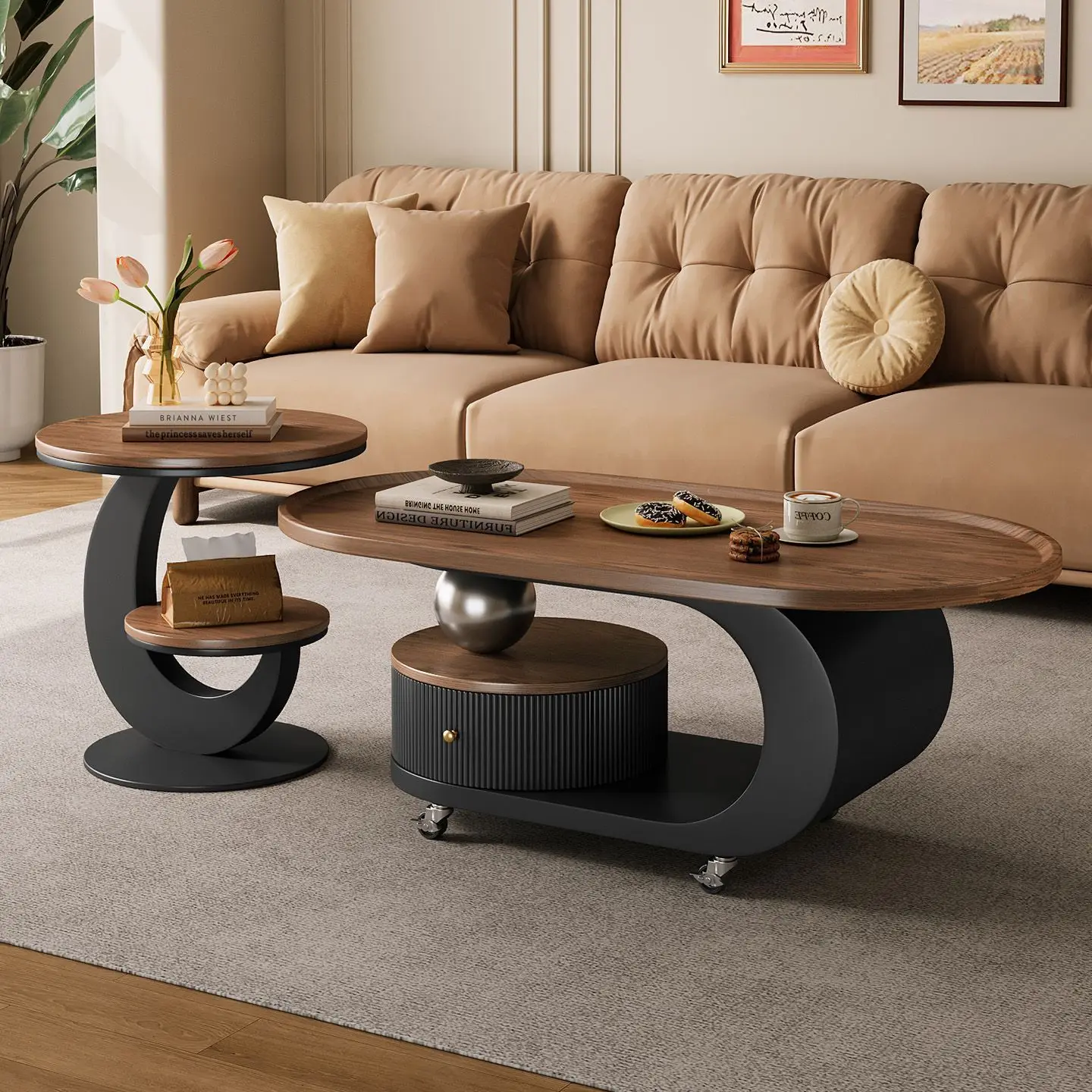Customized  oval coffee table living room household small apartment medium and ancient style tea table combination modern