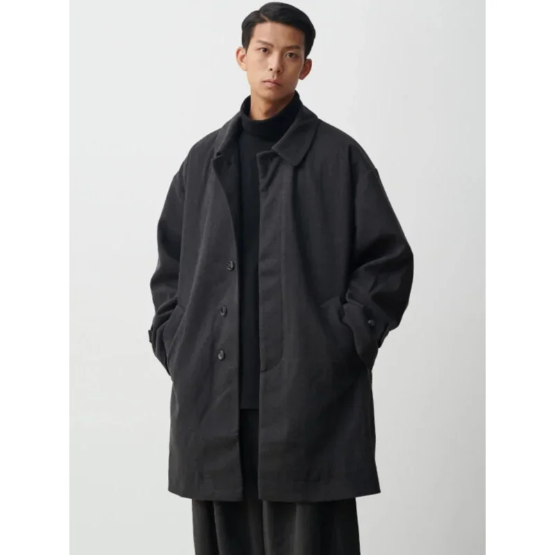 Japanese retro mid-length woolen coat for men's couple windbreaker cotton coat thick woolen coat