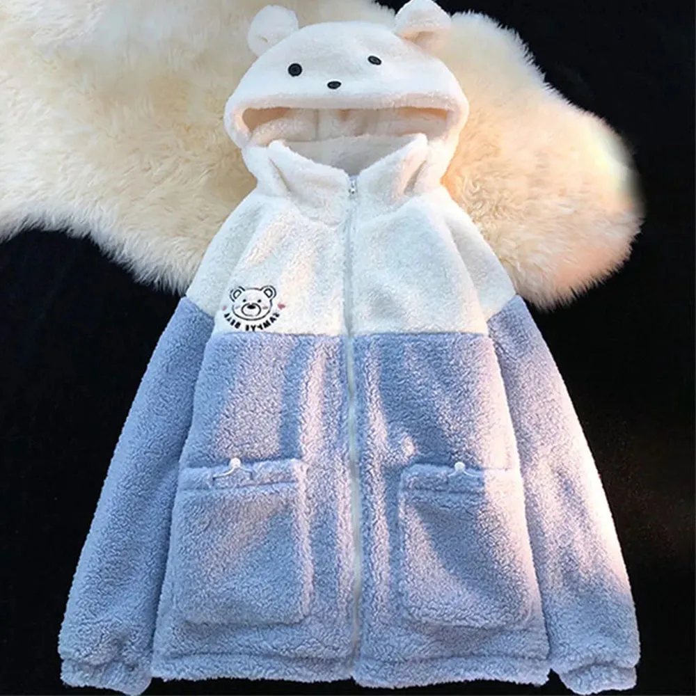 Japanes Plush Bear Ear Sweatshirt Kawaii Warm Jacket Hooded Cartoon Print Female Autumn Winter Cute Sweatshirts Coat Hoodies Top