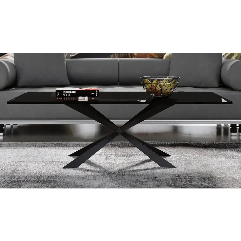 Modern Oversized 51 Inch Coffee Table - Smoked Glass, Matte Black Steel Base Powder Coated Steel Base Living Room Furniture