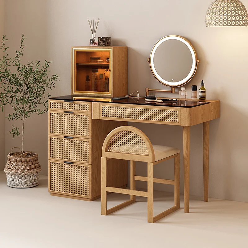 Bedroom Furniture Wood Drawer Dresser Light Makeup Vanity Rattan Chair Set Wooden Dressing Table With Led Mirror