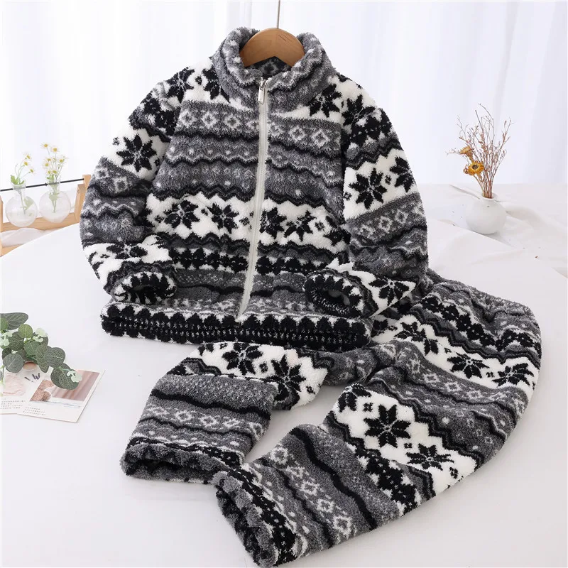 Kids Winter Thick Coral Fleece Pajamas Set Christmas Fair Isle Stand Collar Full Zip Jacket & Pants Boys Girls Warm Loungewear