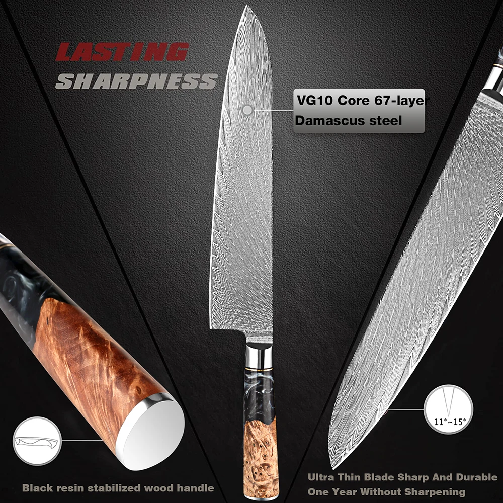 Damascus Chef Knife,9 Inch Japanese VG10 Steel Kitchen Knife,Ultra Sharp Gyuto Knife Ergonomic Handle for Kitchen and Restaurant