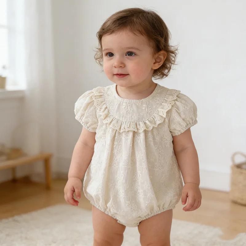 

Летний новый комбинезон для девочек: тонкий ромпер с коротким рукавом, рюшами и воротником, для малышей и младенцев, для прогулок