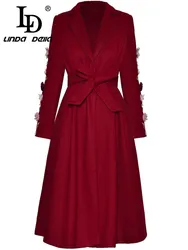 LD LINDA DELLA Elegant Women's Wine red Coat Single-breasted Unique Appliques Design Lace-Up Autumn Winter Long Sleeved Overcoat