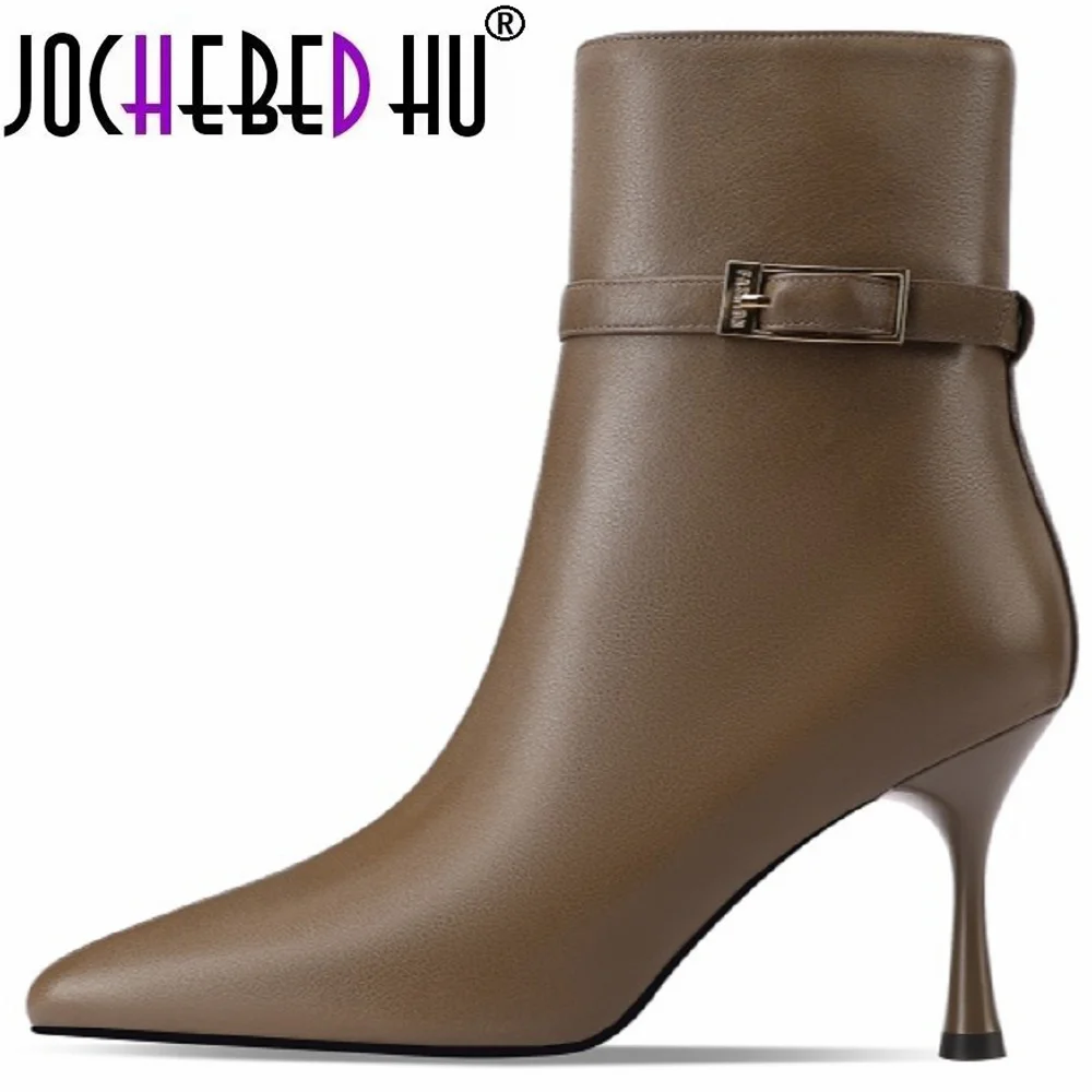 

【JOCHEBED HU】Mature Thin High Heels Women Ankle Boots Autumn Winter Genuine Leather Pointed Toe Shoes Zipper Office Lady 33-43