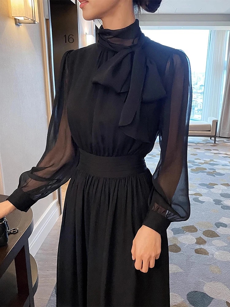 Elegant Spring Chic Stand Collar Sash  Knot Long Sleeve Chiffon Dress Slimming Waist High Waist Commute Style