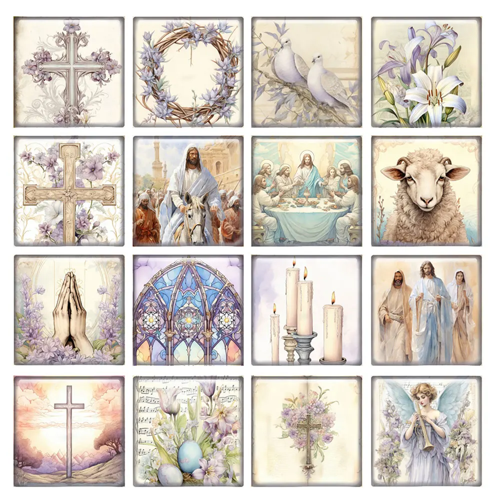 Random Mixed Round/Oval/Square Easter Jesus Cross Goat Photo Glass Cabochon Flatback Demo Cameo For Diy Jewelry Making