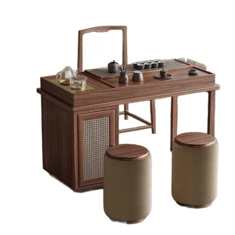 Balcony Multifunctional Tea Table with Storage Black Walnut Small Tea Table