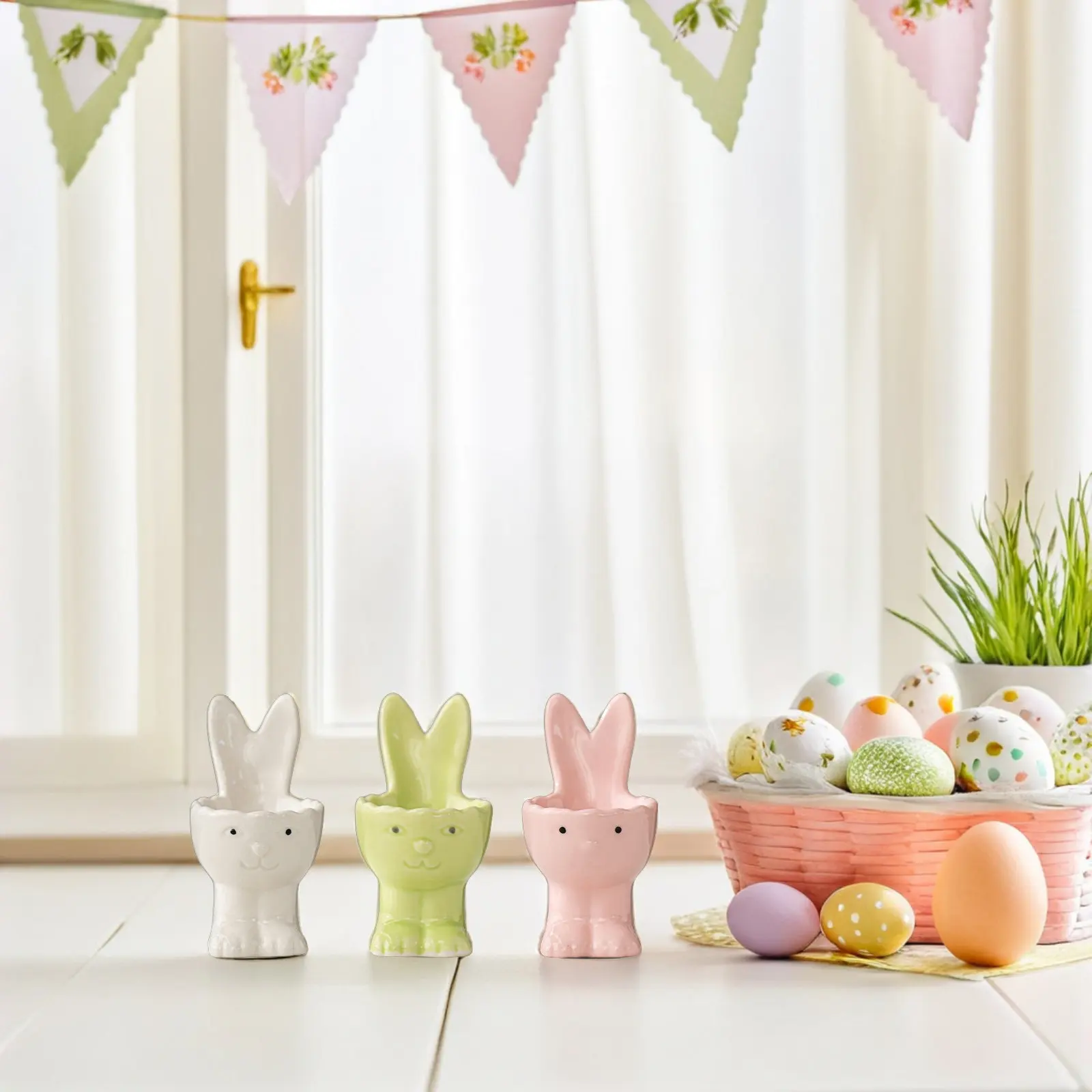 3Pcs Rabbit Shaped Egg Holder Ceramic Bunny Ear Egg Cups Easter Decorations Tabletop Porcelain Party Display Stand