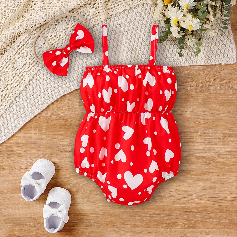 Baby Girl Heart Print Romper Spaghetti Sleeveless Bodysuit Bow Front  Infant Summer Outfit Headband 2pcs