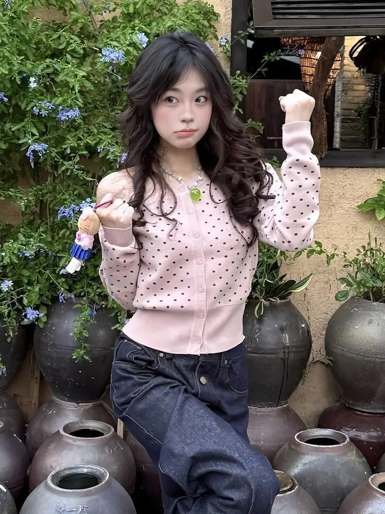 

Корейский вязаный кардиган в горошек с открытыми плечами осенью, новый тонкий свитер, тонкий топ с длинными рукавами