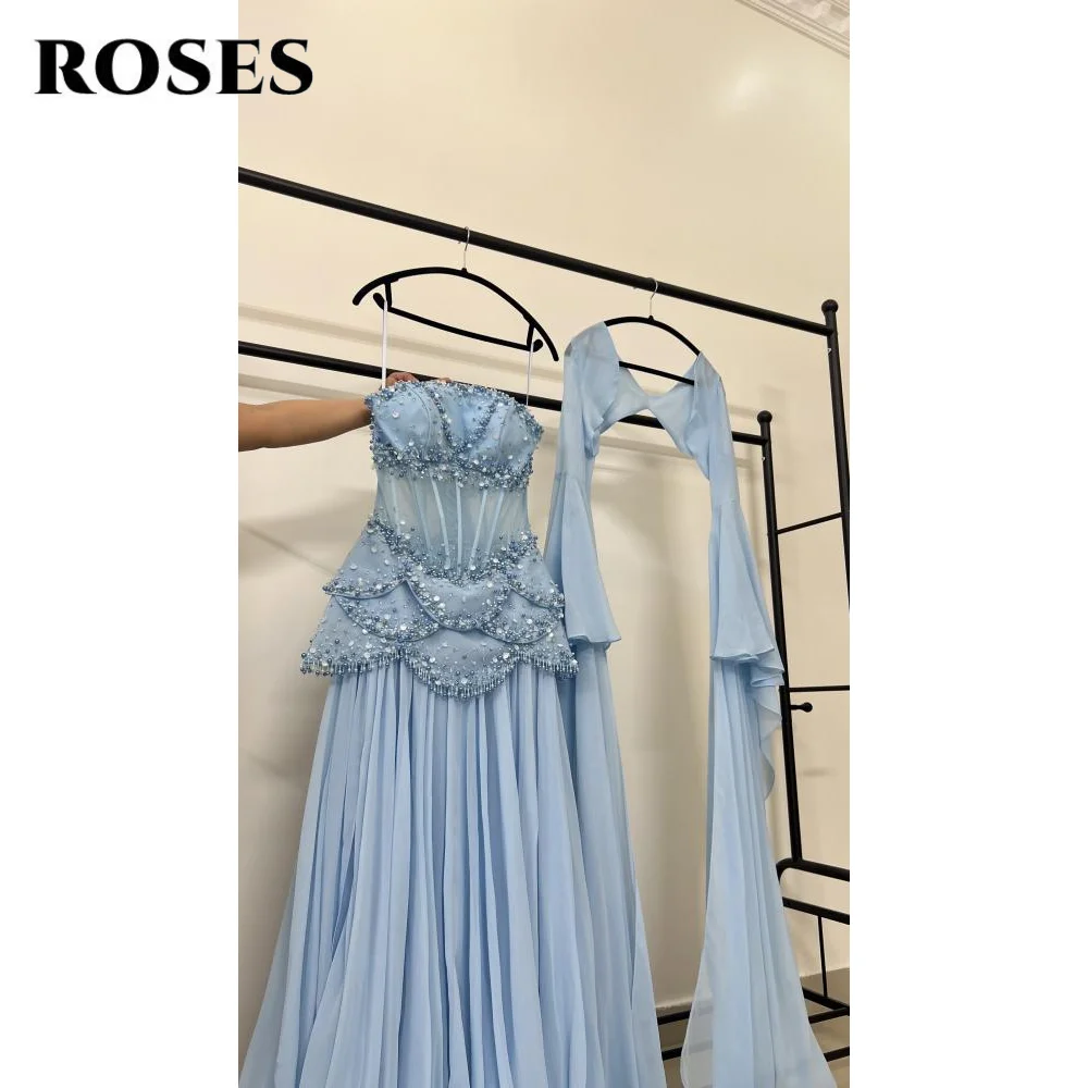 ROSES Sky Blue فساتين السهرة Strapless Gala Dress Pleat Beading A-line Prom Dress with Shawl Formal Dress Customized