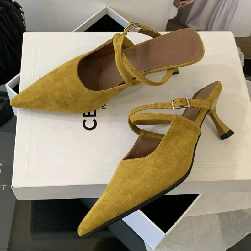 

Новые летние туфли-лодочки, пикантные шлепанцы на высоком каблуке, женские модные замшевые элегантные сандалии с острым носком и пряжкой, женские шлепанцы