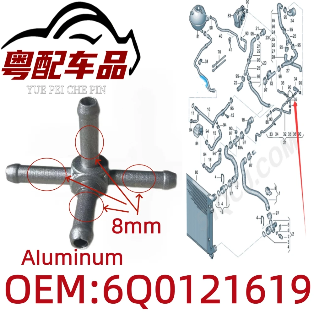 Aluminum 6Q0121619 Suitable for Volkswagen Caddy, Golf Plus, Jetta/Syncro, Sagitar, Touran, Caddy, Oya, Polo, Seat, Audi A3/S3 Coolant Hose Distributor 6Q0 121 619