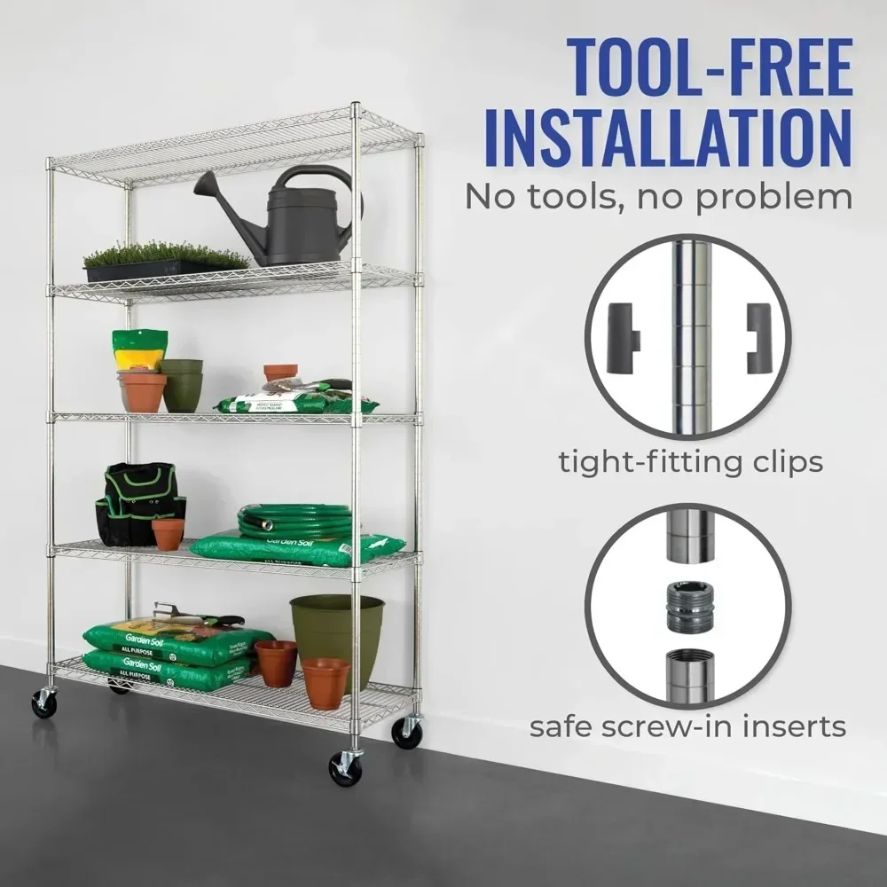 

- NSF Certified Storage Shelves, Zinc, Heavy Duty Steel Wire Unit with Wheels and Adjustable Feet, Garage or Bakers Rack, Kitch