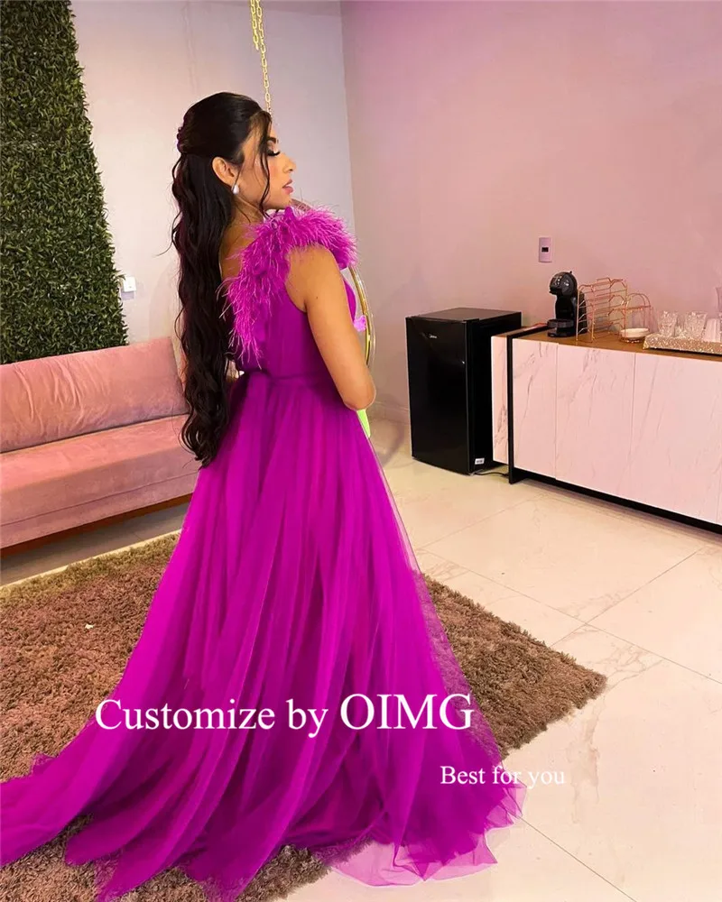 OIMG Fuschia Tulle One Shoulder Feathers Evening Dresses Women Floor Length Party Dress Formal Prom Gowns vestidos de noche