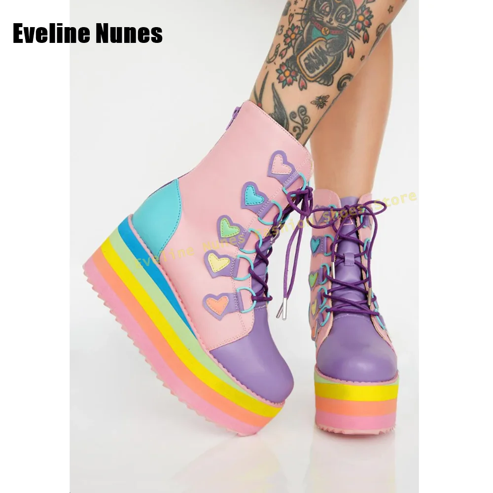 Rainbow Sole Dopamine Lace-Up Boots Round Toe Thick Sole Mixed Colors Heart Decoration Platform Women Mid Calf Boots 2025 Summer