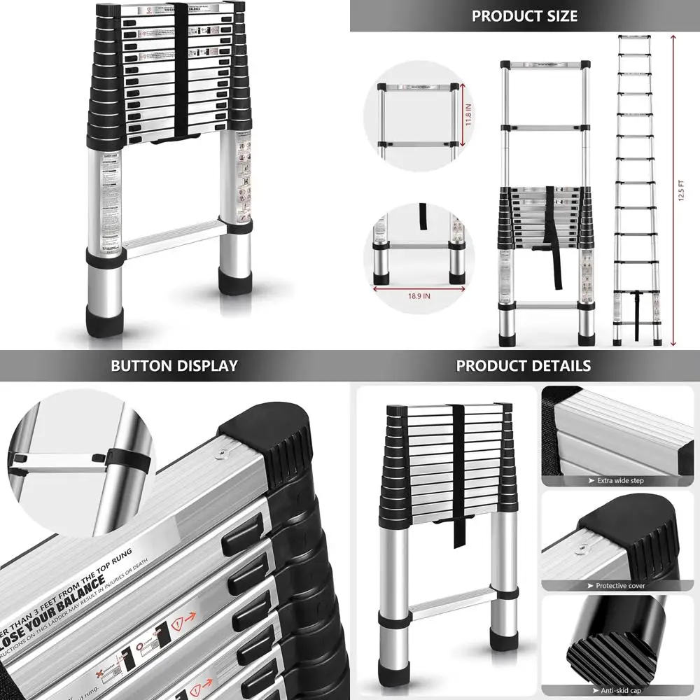 

Aluminum Telescopic Ladder 12.5FT/3.8M Folding Step Inward Sliding Extension Multi-Use Non-Slip Collapsible Safety Ladder with R