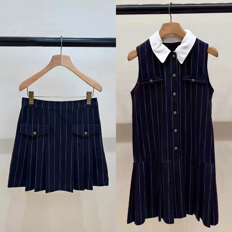 

S Home 2025 Summer New Sle College Wind f Skirt Dr Women's Svel Metal Button Vertical Stripes Faionable Commute