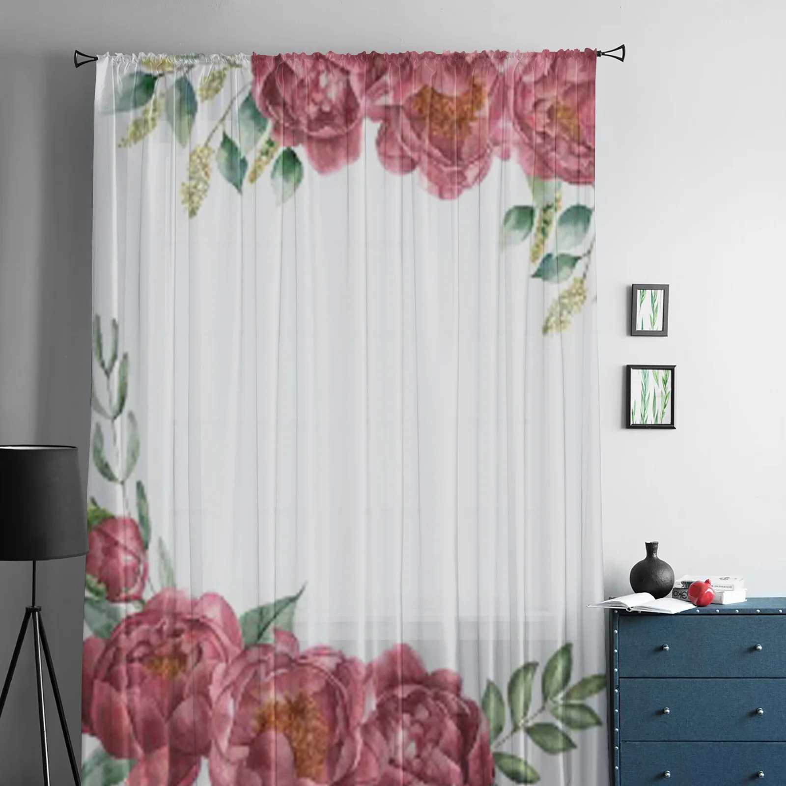 Watercolor Peony And Greenery Plants Sheer Curtains For Living Room Modern Fashion Valance Curtains For Kitchen Tulle Curtains