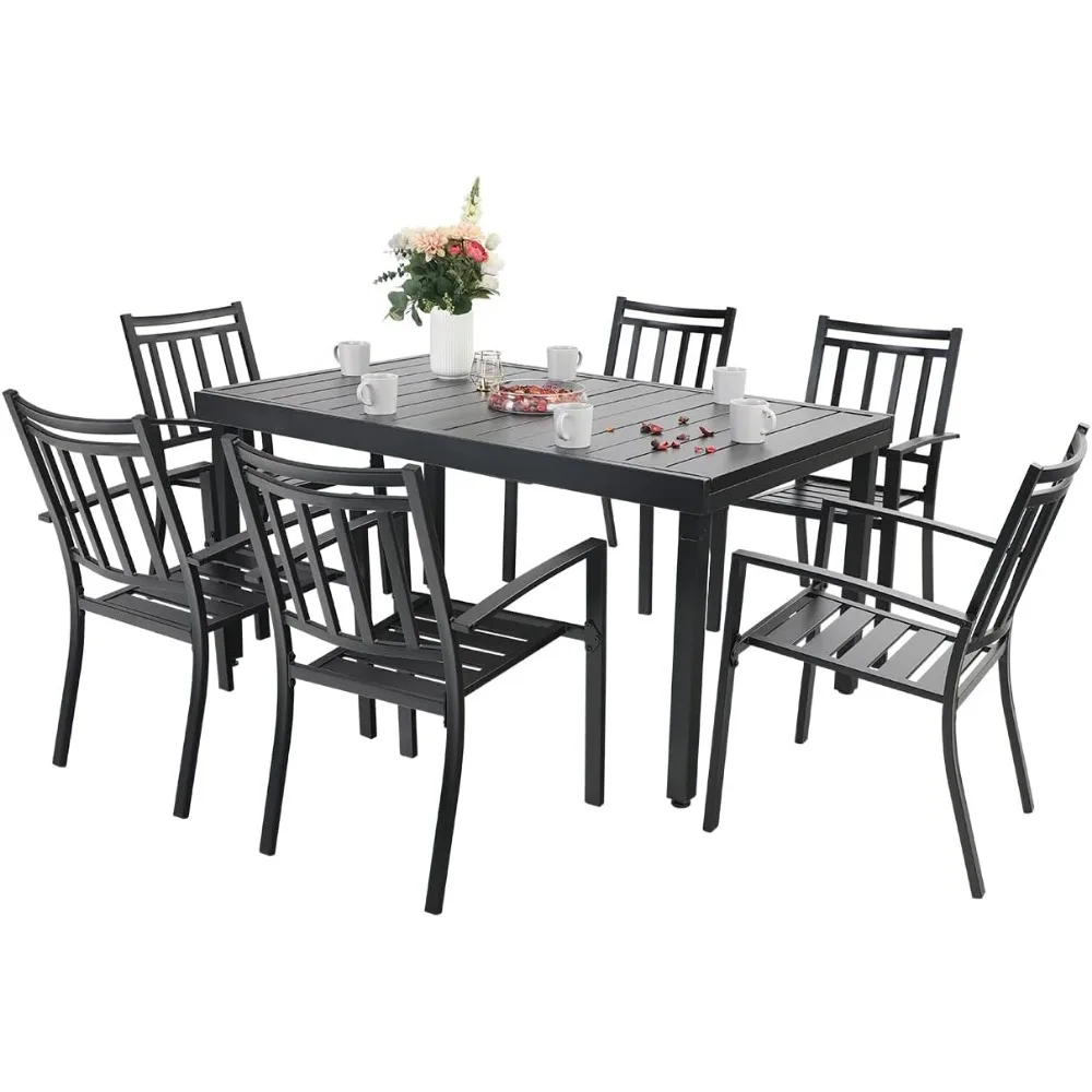 Set with 6 Metal Chairs and 1 Expandable Rectangle Table, Modern Patio Furniture,7PCS,61.4