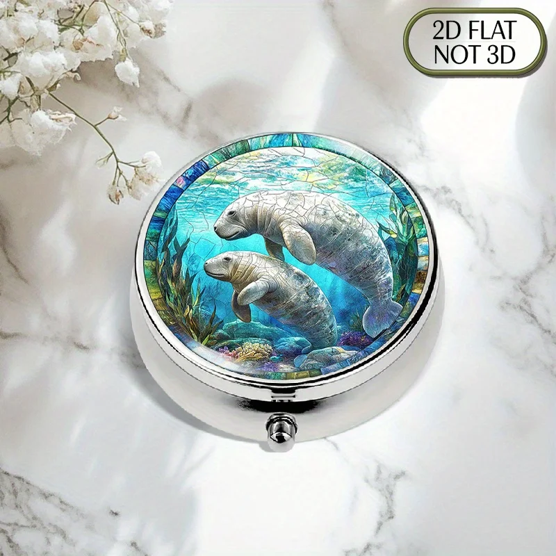 Single-piece flat, portable, round metal pill box, adorned with bright stained glass patterns depicting sea cows swimming in green waters, perfect for storing daily supplements and medication, and makes a great gift for relatives and friends on holidays like Independence Day, with a flat design