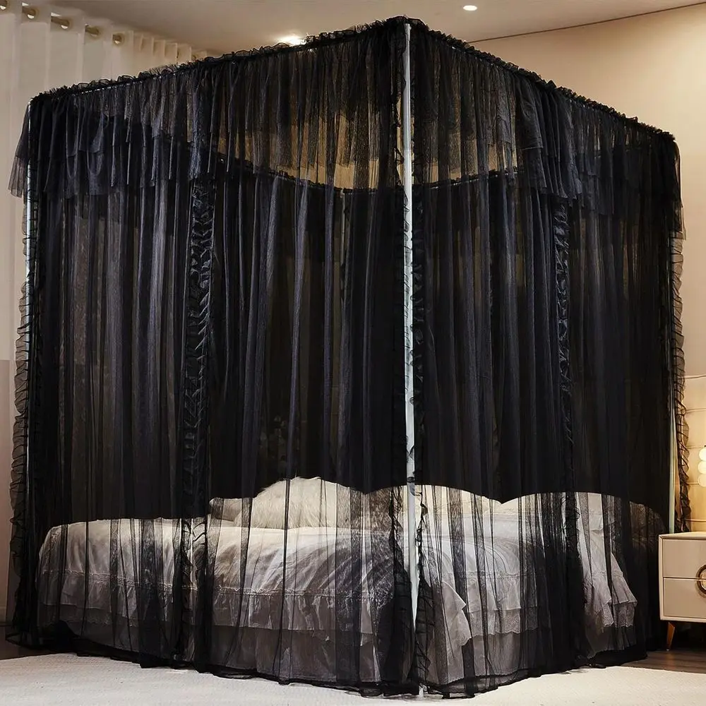 8-Panel Princess Canopy Curtains for Girls' Bed - Double Layer Mesh Drapes, Full Size (Black)
