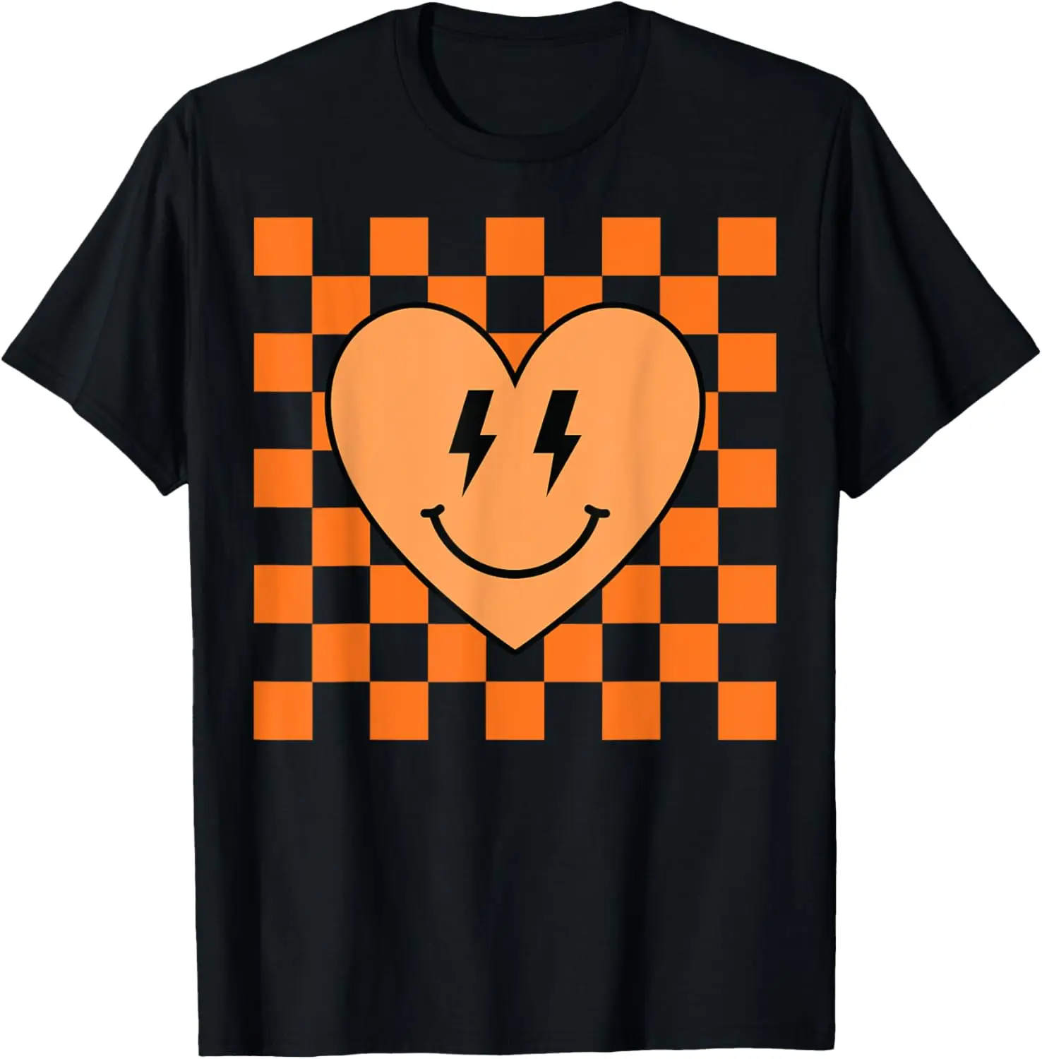 

Smiling Heart Face Orange White Checkered Pattern T-Shirt