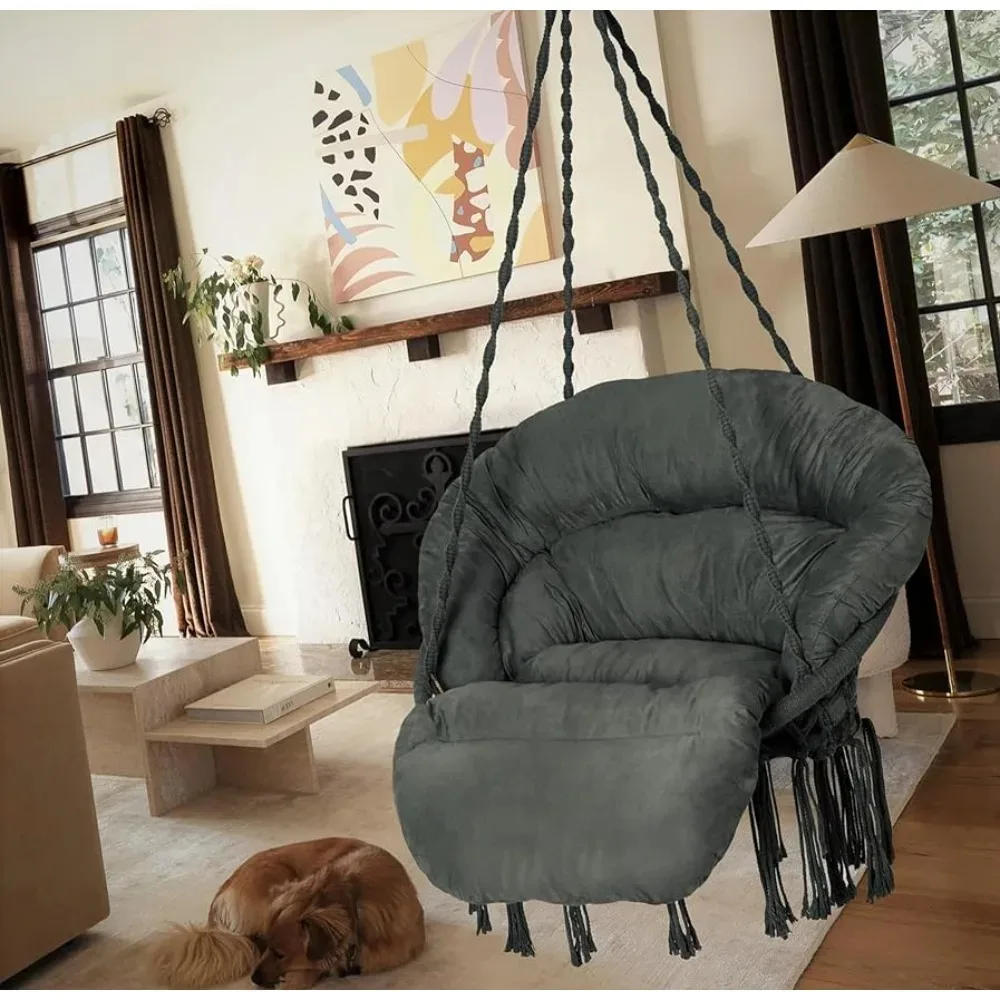 Bohemian Style Cotton Rope Hanging Chair for Bedroom Indoor Outdoor Hammock Dark Grey Furniture