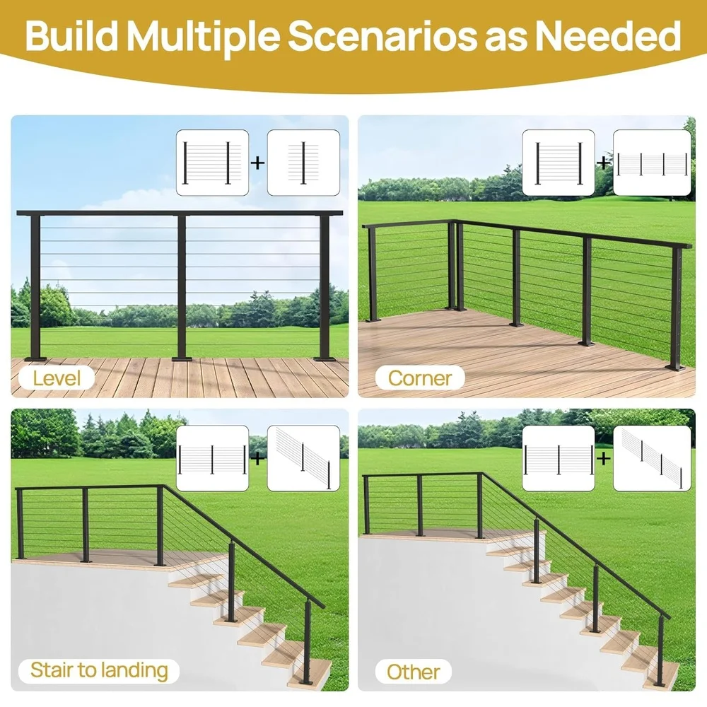 36" Cable Railing System Complete Set Stainless Steel Level Drilled Posts Kit Fixed Top No Handrail Easy Installation