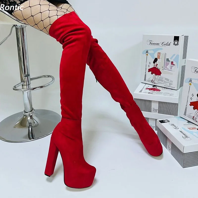 

Rontic Handmade Women Winter Over The Knee Boots Faux Suede Chunky Heels Round Toe Pretty Red Party Shoes Ladies US Size 5-20