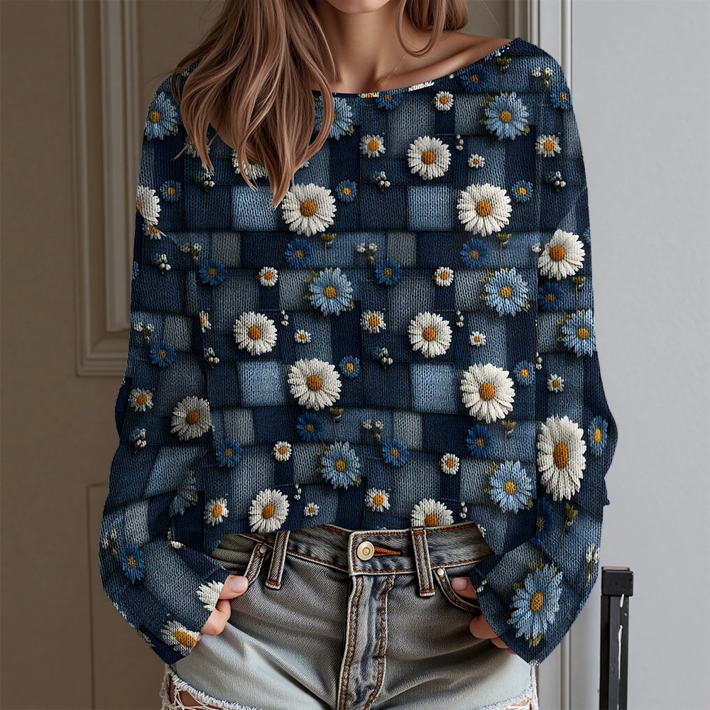 

Женская футболка с открытыми плечами и длинными рукавами с цветочным принтом, богемная блузка, зимняя элегантная повседневная толстовка, наряд для вечеринки и отпуска