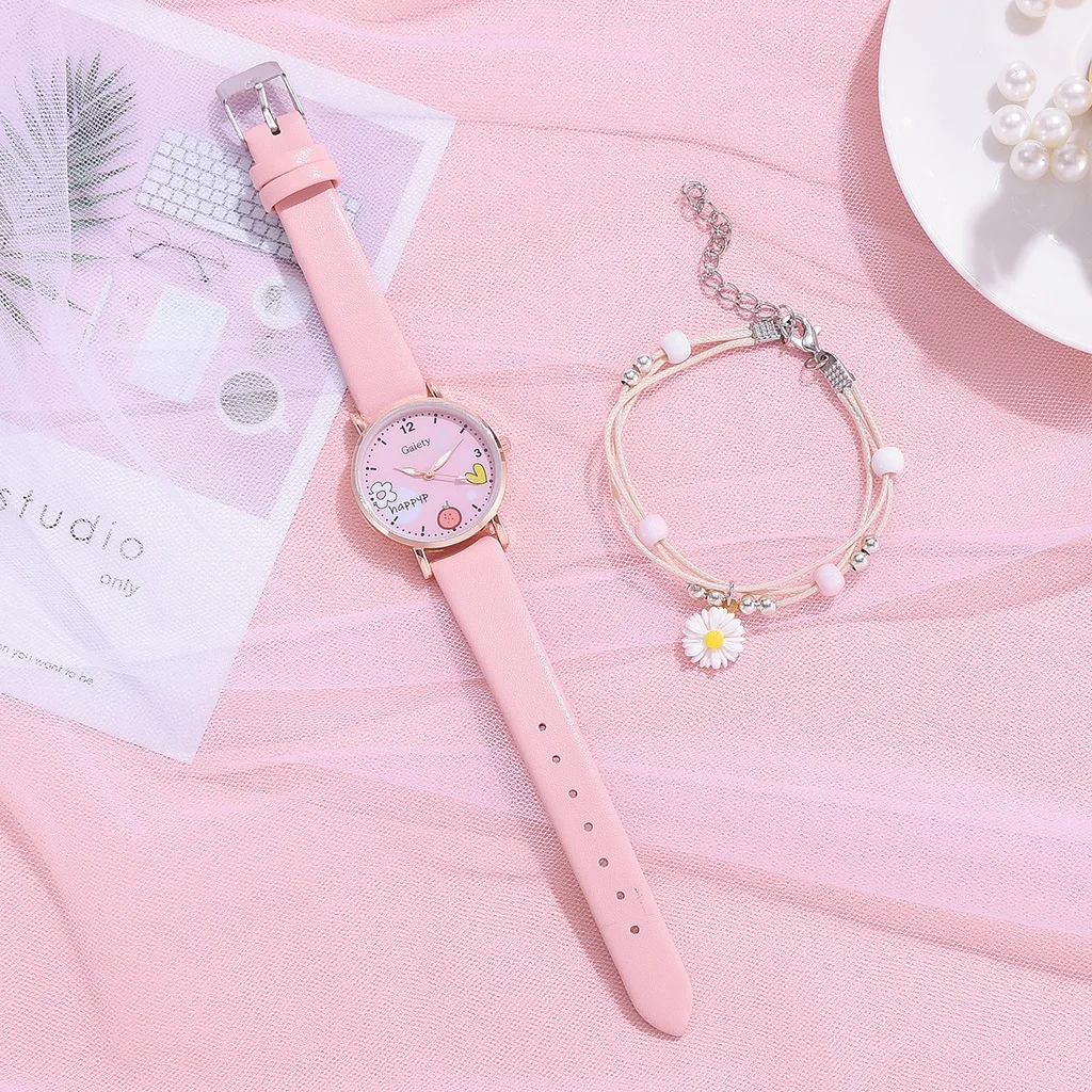 Kids Watches Pink Cute Children's Wristwatch Cartoon Pattern Quartz Watch Set for Girls Fashion Students' Clock Relogio Feminino